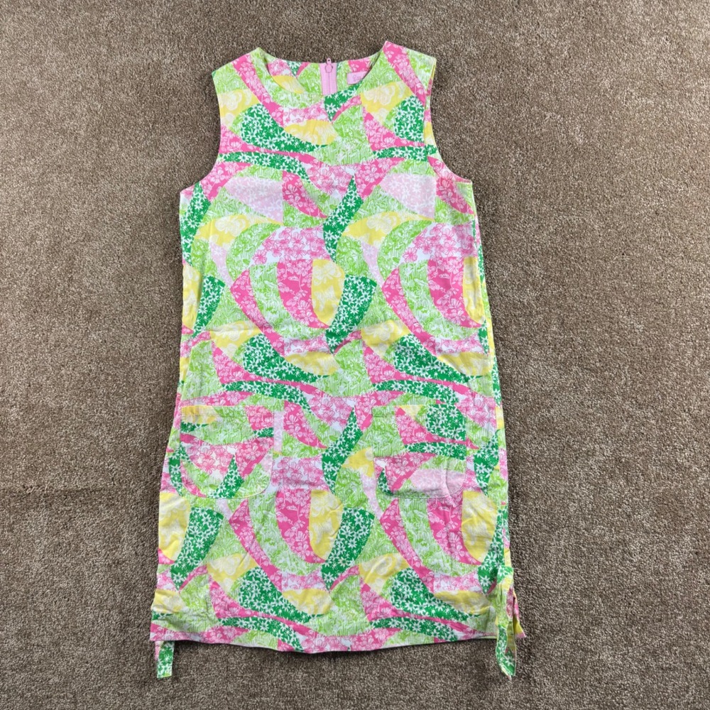 Lilly Pulitzer Girls Pink Green Yellow Floral Butterfly Shift Dress Size 14